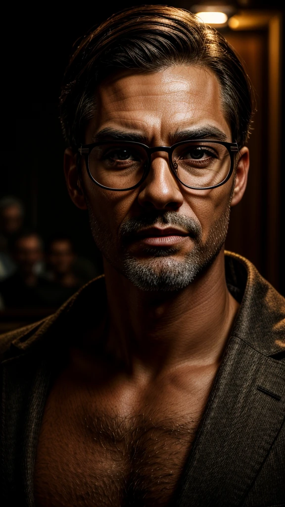 a man with glasses, getting an eye exam from an ophthalmologist, realistic, extremely detailed face, detailed eyes, detailed iris, detailed eyebrows, detailed eyelashes, detailed wrinkles, detailed skin pores, detailed facial features, detailed expressions, professional lighting, photorealistic, high quality, 8k, hyper detailed, oil painting, dramatic lighting, chiaroscuro, cinematic composition, warm color tones, studio lighting