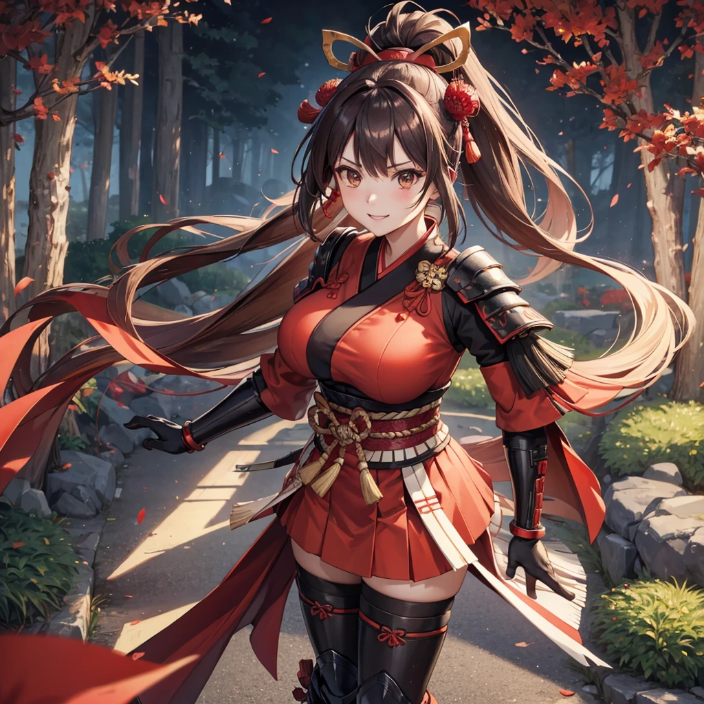 A woman wearing heavy red samurai armor with black details, metal bracelet, metal boots, standing on a concrete sidewalk, traditional Japanese forest background, traditional Japanese trees, brown hair, hair long, ponytail hair, red bow in her hair, samurai mask on her forehead, brown eyes, big breasts, smiling.. UHD , prime work , accurate , anatomically correct , textured skin , super details , high quality , best quality, 8k, high resolution, bokeh effect. (woman alone)
