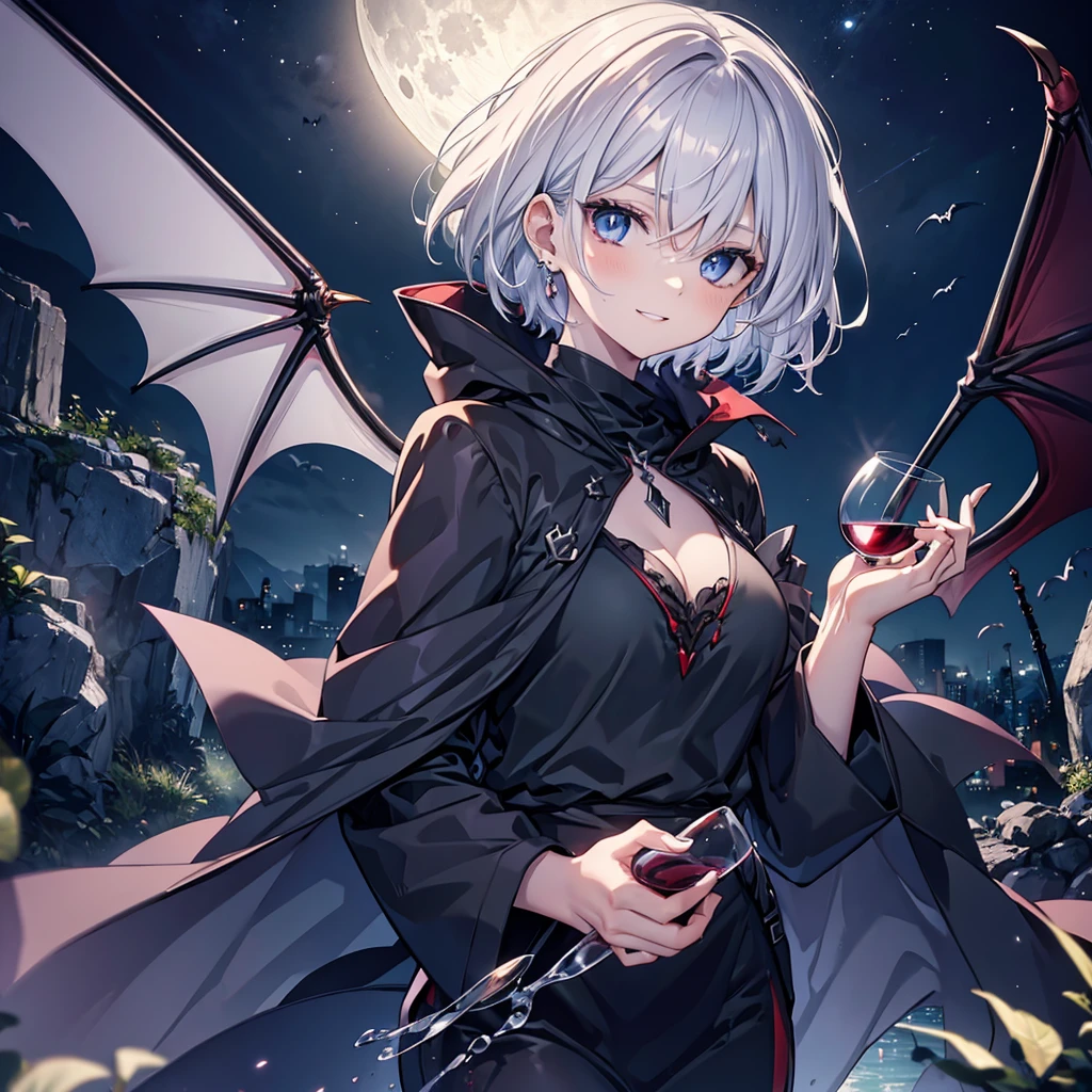 ((((vampire　inflammation))))　(((Gray Hair　short hair　blue eyes　woman　Center close-up　wine glass)))，((night　full moon　My own big wings　Town))，(Wearing a hood　Black camisole　Purple light　Wearing a cloak)，　Creepy Smile　Showing teeth　Shining Background　Shining Edges