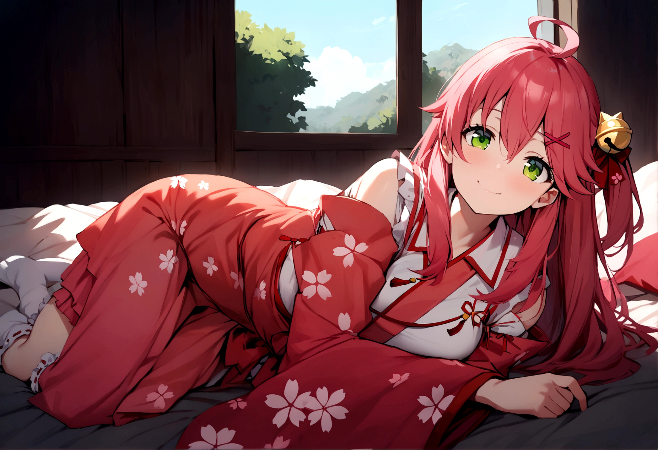 ((masterpiece,Highest quality)),One girl, Day, pajamas, View your viewers, Recall, bed,  Miko 1, sakura miko, Green Eyes, alone, Ahoge, X Hair Ornament, Pink Hair, Single knee socks, Side bust, Hair Clip, Hair Bell, Floral print, Long Hair, Hair between the eyes, One side up, White knee socks, Asymmetrical legwear, Wide sleeves, smile, sunny, Sleeping together