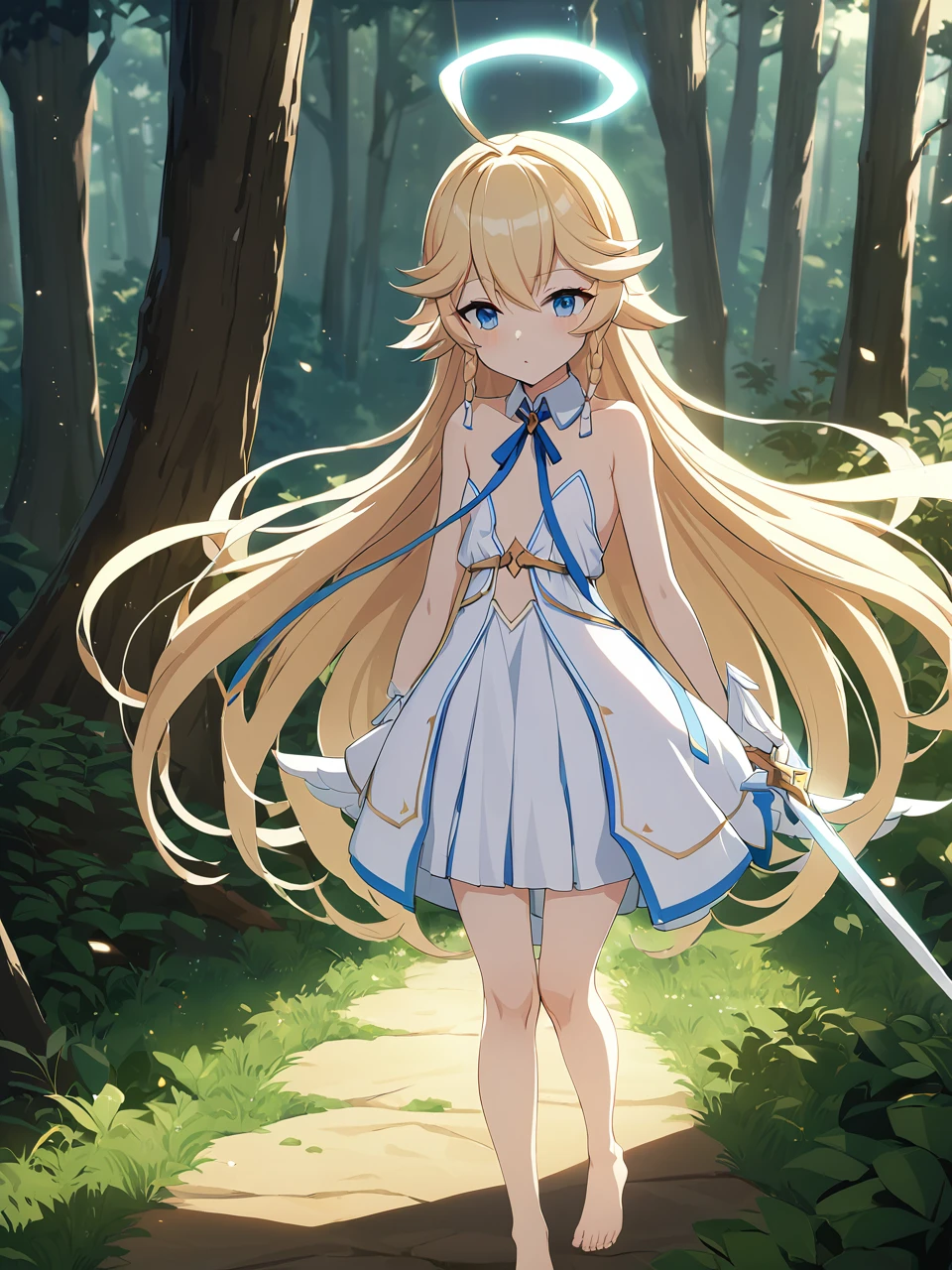 Zaora, blue eyes, (Variegated eyes:0.5), Blonde, Very long hair, Twin Blade, bangs, Ahoge, Hello, Angel, Flat Chest, White Dress, Belly button cutout, Detachable collar, Strapless, Neck ribbon, Bare shoulders, Angel wings, barefoot, One girl, Solo Break Space, forest, Depth of written boundary, Cinematic, masterpiece, Highest quality, Game CG
 