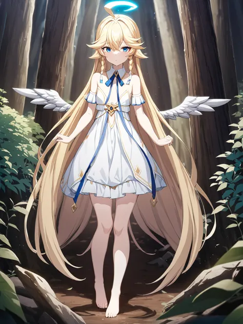 Zaora, blue eyes, (Variegated eyes:0.5), Blonde, Very long hair, Twin Blade, bangs, Ahoge, Hello, Angel, Flat Chest, White Dress...