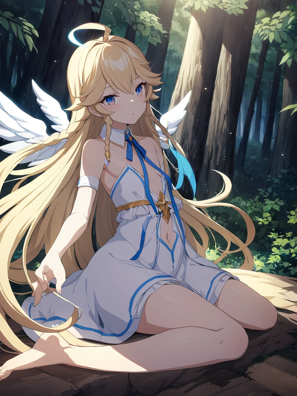 Zaora, blue eyes, (Variegated eyes:0.5), Blonde, Very long hair, Twin Blade, bangs, Ahoge, Hello, Angel, Flat Chest, White Dress, Belly button cutout, Detachable collar, Strapless, Neck ribbon, Bare shoulders, Angel wings, barefoot, One girl, Solo Break Space, forest, Depth of written boundary, Cinematic, masterpiece, Highest quality, Game CG