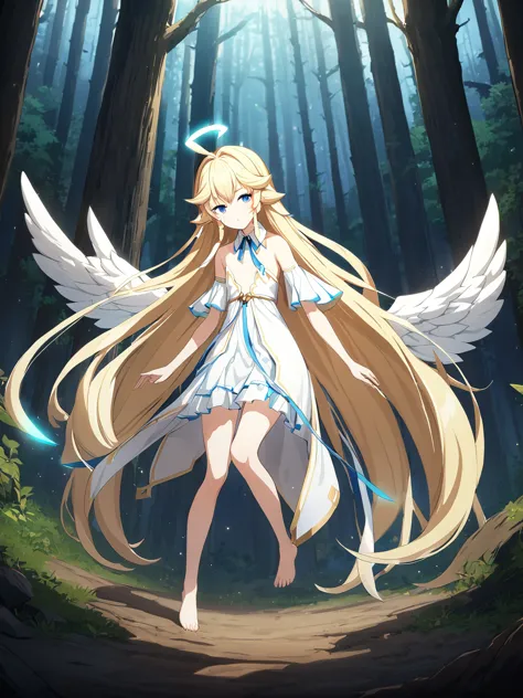 Zaora, blue eyes, (Variegated eyes:0.5), Blonde, Very long hair, Twin Blade, bangs, Ahoge, Hello, Angel, Flat Chest, White Dress...