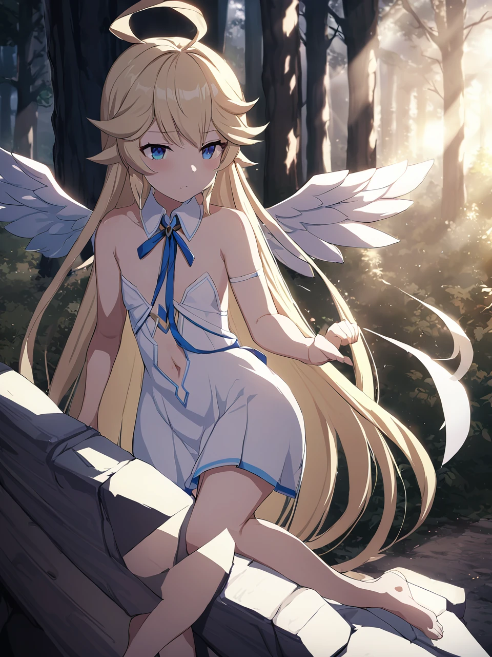 Zaora, blue eyes, (Variegated eyes:0.5), Blonde, Very long hair, Twin Blade, bangs, Ahoge, Hello, Angel, Flat Chest, White Dress, Belly button cutout, Detachable collar, Strapless, Neck ribbon, Bare shoulders, Angel wings, barefoot, One girl, Solo Break Space, forest, Depth of written boundary, Cinematic, masterpiece, Highest quality, Game CG