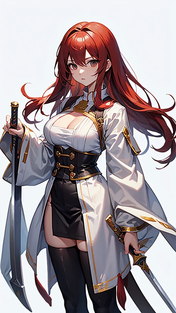 （whole bodyポートレート：1.5），jRPG Characters, jRPG Characters art, RPG Characters, whole body側面図, ((Pause)), Red hair, (To the camera), Character Design, ((Female Swordsman), Character Design, (Medieval), whole body, Holding a sword, (Perfect quality), Pure white background 世の), Pure white background, Lots of white space, Dark skin