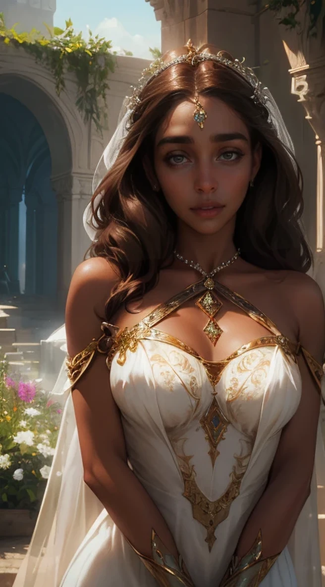 A beautiful goddess in a heavenly garden, a young woman with long brown hair, dark skin, wearing a sheer white dress with diamond embellishments, shoulders exposed, with expressive breasts, glamorous, her face resembling Emilia Clarke, 8k, hyper realistic, detailed, cinematic lighting, dramatic colors, fantasy