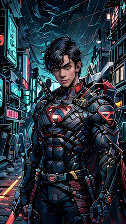 (8k),(masterpiece),(Japanese),(18-year-old boy),((innocent look)),((Handsome)),From the front and above,smile,cute,Innocent,Kind eyes,flat chest, Slender,red cape, Superman costume,very short,Hair blowing in the wind,Black Hair,strong wind,night,dark,rain,midnight,neon glowl ight cyberpunk city