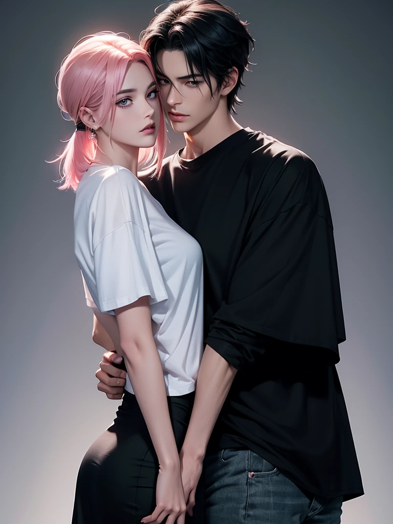 A tall handsome young man with black hair, with long black hair gathered in a tight ponytail, short bangs, black eyes, he is wearing a white T-shirt and white jeans and he hugs an incredibly beautiful femme fatale young woman, she has a pink hair with a very short haircut standing next to him, she has brilliant green eyes, She is wearing a simple black dress. Masterpiece, perfect image, realistic pictures, detailed face study, full-length image, 8k, detailed image. an extremely detailed illustration, a real masterpiece of the highest quality, with careful drawing. Sasuke Uchiha and Sakura Haruno