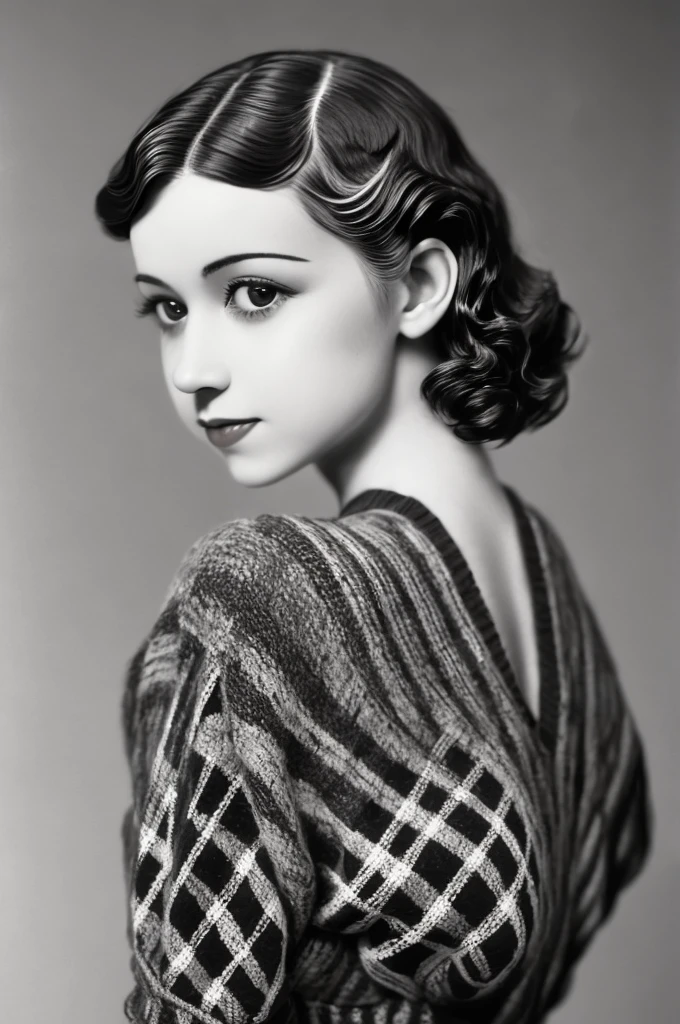 a black and white photo of a woman with a plaid sweater, 1 9 3 0 s haircut, 1 9 4 0 s haircut, 1 9 2 0 s hairstyle, taken in the early 1930s, in her early 20s, 1930s photograph, september 1937, 1930s film still