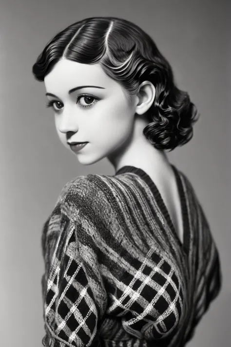 a black and white photo of a woman with a plaid sweater, 1 9 3 0 s haircut, 1 9 4 0 s haircut, 1 9 2 0 s hairstyle, taken in the...