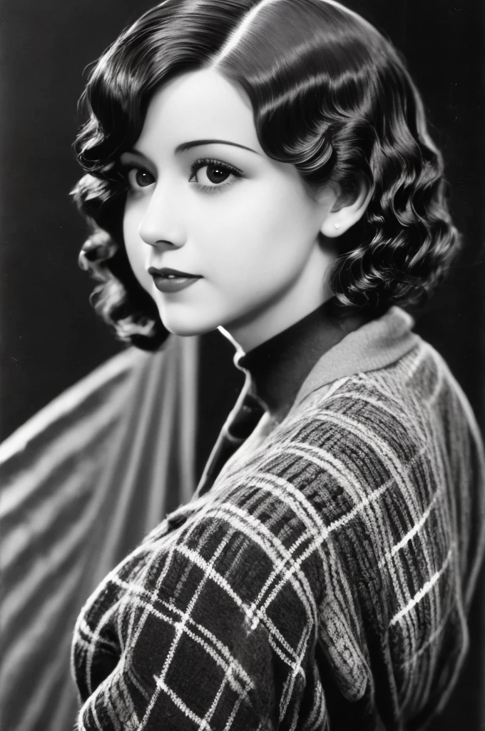 a black and white photo of a woman with a plaid sweater, 1 9 3 0 s haircut, 1 9 4 0 s haircut, 1 9 2 0 s hairstyle, taken in the early 1930s, in her early 20s, 1930s photograph, september 1937, 1930s film still