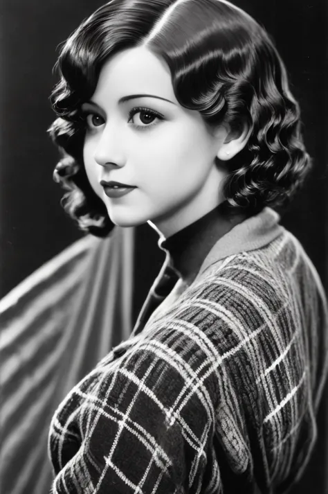 a black and white photo of a woman with a plaid sweater, 1 9 3 0 s haircut, 1 9 4 0 s haircut, 1 9 2 0 s hairstyle, taken in the...