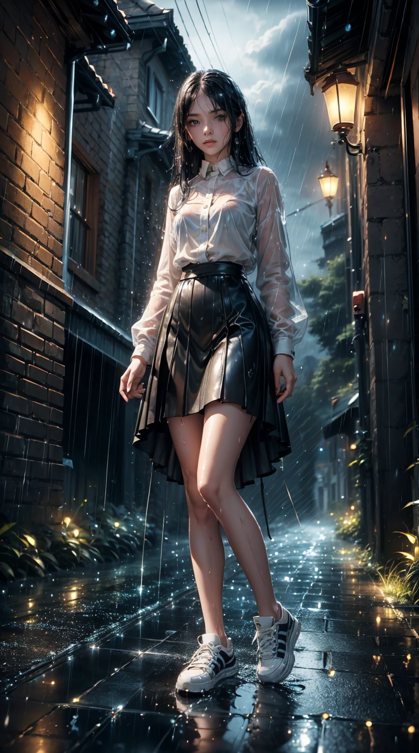 {Freya Tingley, slender, slim waist, perfect body, she is in an alley Against a wall, Brick wall, doodling, Dim lighting, alley}, (long black hair), (detailed eyes), (bright green eyes), (shy appearance wearing a large shirt, broad shoulders and a very short black genuine leather skirt), ((white Adidas sneakers), (it's raining, rainy weather, cloudy sky raining, she's all wet), full body, view from below.