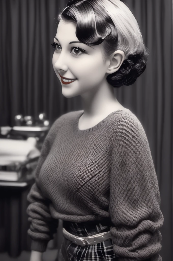 a black and white photo of a woman with a plaid sweater, 1 9 3 0 s haircut, 1 9 4 0 s haircut, 1 9 2 0 s hairstyle, taken in the early 1930s, in her early 20s, 1930s photograph, september 1937, 1930s film still