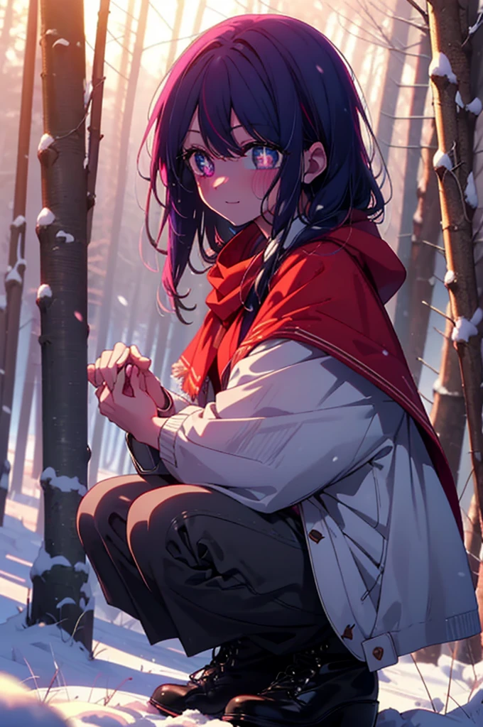 aihoshino, Ai Hoshino, Long Hair, bangs, (Purple eyes:1.1), Purple Hair, (Symbol-shaped pupil:1.5), smile,,smile,blush,White Breath,
Open your mouth,snow,Ground bonfire, Outdoor, boots, snowing, From the side, wood, suitcase, Cape, Blurred, , forest, White handbag, nature,  Squat, Mouth closed, Cape, winter, Written boundary depth, Black shoes, red Cape break looking at viewer, Upper Body, whole body, break Outdoor, forest, nature, break (masterpiece:1.2), Highest quality, High resolution, unity 8k wallpaper, (shape:0.8), (Beautiful and beautiful eyes:1.6), Highly detailed face, Perfect lighting, Highly detailed CG, (Perfect hands, Perfect Anatomy),