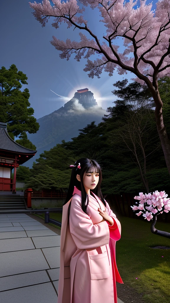 (Highest quality, masterpiece),(One girl, Shrine maiden, coat, expression, Iris, Look ahead ,Black Hair, walking, Upper Body), (Night maze sky, Huge old tree behind, Shiny pink petals fall behind, The shrine behind, Mountain Background, Blowing Wind, meteor cloud)