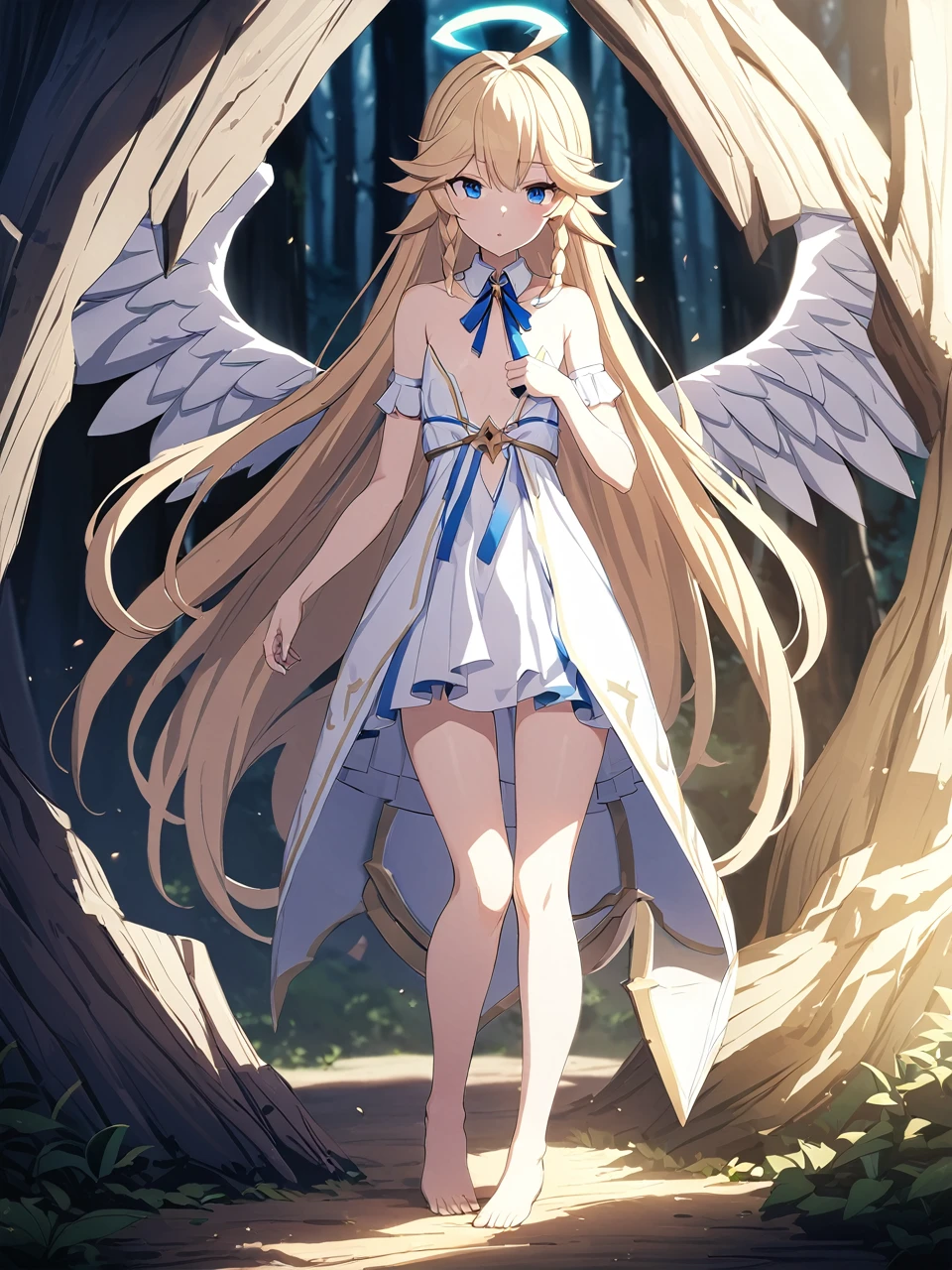 Zaora, blue eyes, (Variegated eyes:0.5), Blonde, Very long hair, Twin Blade, bangs, Ahoge, Hello, Angel, Flat Chest, White Dress, Belly button cutout, Detachable collar, Strapless, Neck ribbon, Bare shoulders, Angel wings, barefoot, One girl, Solo Break Space, forest, Depth of written boundary, Cinematic, masterpiece, Highest quality, Game CG