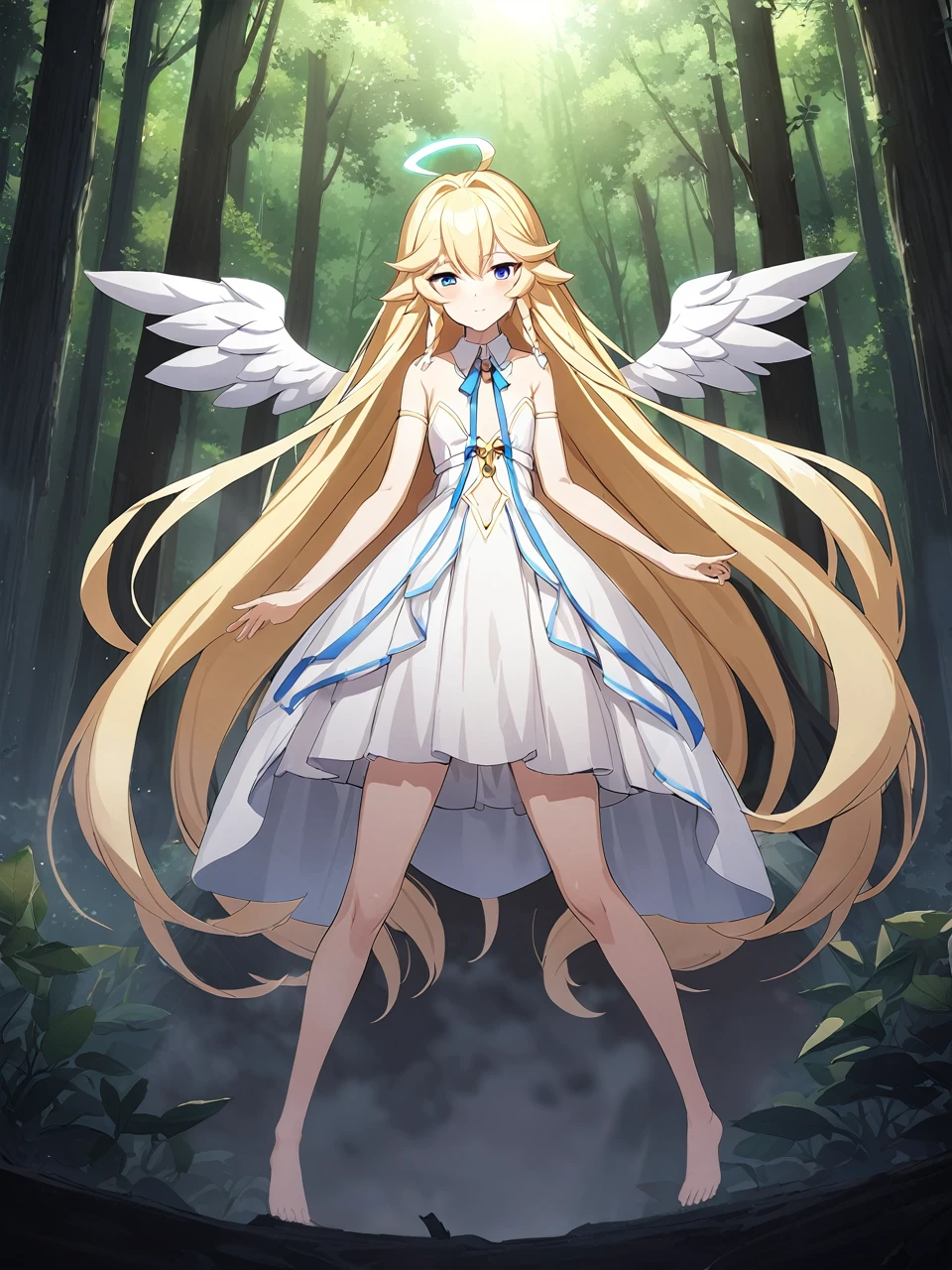 Zaora, blue eyes, (Variegated eyes:0.5), Blonde, Very long hair, Twin Blade, bangs, Ahoge, Hello, Angel, Flat Chest, White Dress, Belly button cutout, Detachable collar, Strapless, Neck ribbon, Bare shoulders, Angel wings, barefoot, One girl, Solo Break Space, forest, Depth of written boundary, Cinematic, masterpiece, Highest quality, Game CG