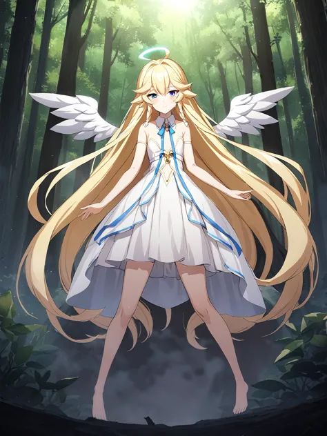 zaora, blue eyes, (variegated eyes:0.5), blonde, very long hair, twin blade, bangs, ahoge, hello, angel, flat chest, white dress...