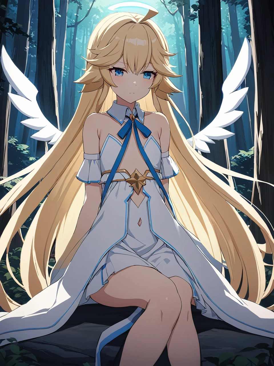 Zaora, blue eyes, (Variegated eyes:0.5), Blonde, Very long hair, Twin Blade, bangs, Ahoge, Hello, Angel, Flat Chest, White Dress, Belly button cutout, Detachable collar, Strapless, Neck ribbon, Bare shoulders, Angel wings, barefoot, One girl, Solo Break Space, forest, Depth of written boundary, Cinematic, masterpiece, Highest quality, Game CG