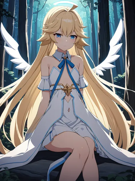 Zaora, blue eyes, (Variegated eyes:0.5), Blonde, Very long hair, Twin Blade, bangs, Ahoge, Hello, Angel, Flat Chest, White Dress...