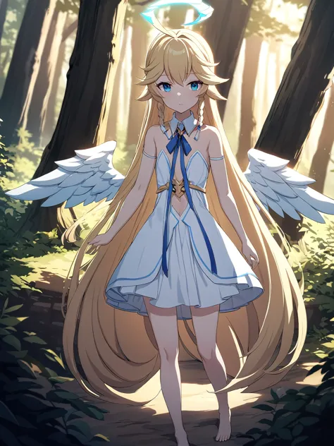 Zaora, blue eyes, (Variegated eyes:0.5), Blonde, Very long hair, Twin Blade, bangs, Ahoge, Hello, Angel, Flat Chest, White Dress...