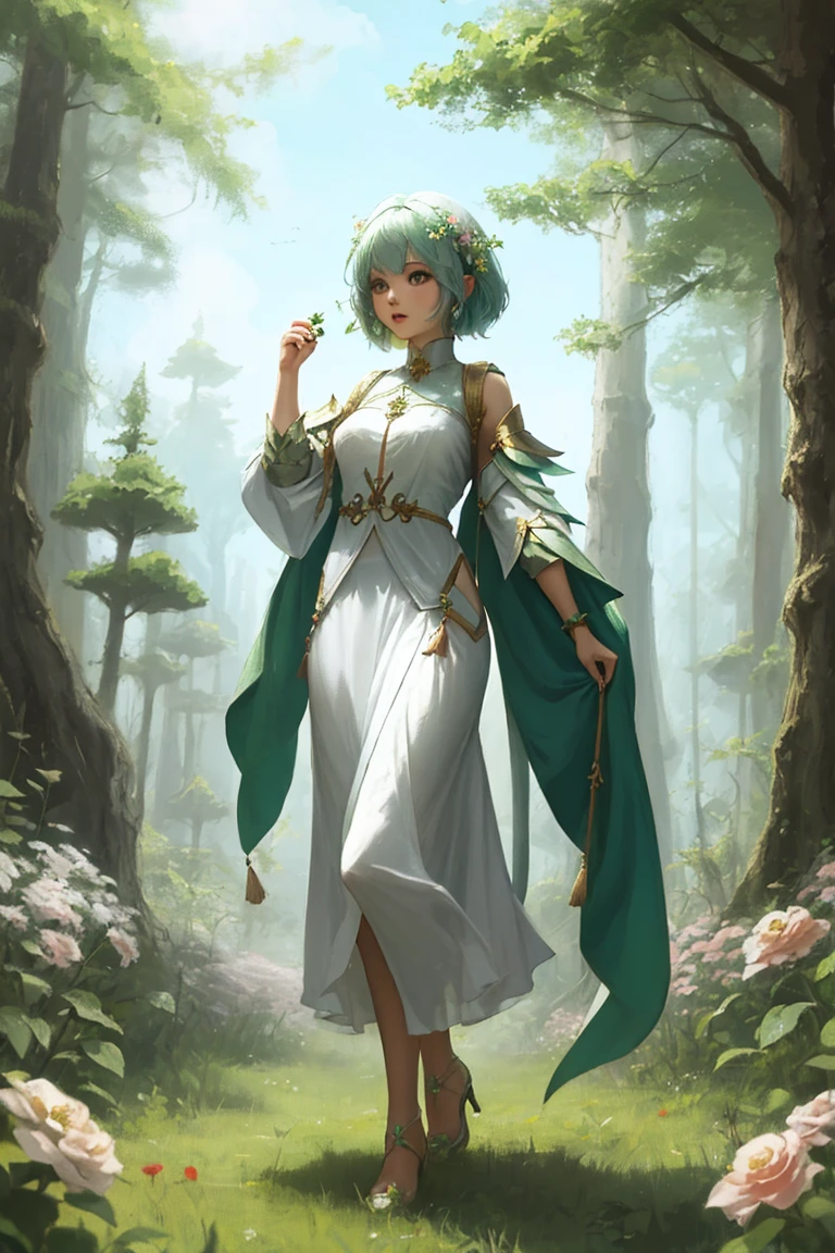 full body portrait. A cute short little mage. her power from nature. forest related. she's a fairy of the flowers. her color is green
