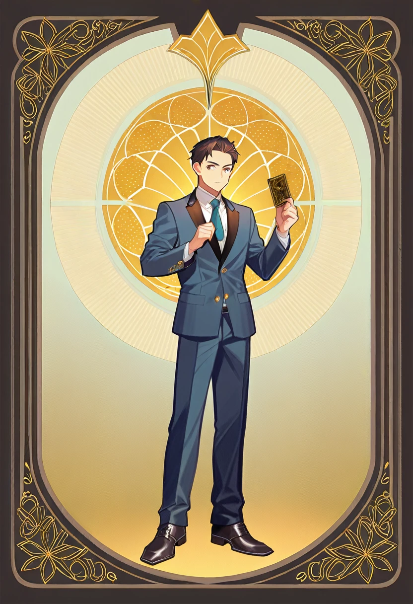 Full body portrait of 1 boy, Magician, holding a wooden stick, Standing and painting the whole body., bird, (((single))), clear face, simple line design, ((tarot card background, symmetrical beauty)), Perfectly symmetrical., The art of symmetry, Standing and drawing characters, ((Plain colors)), Masterpiece，highest priority，best quality，Ultra high resolution, ((clear face，beautiful eyes，Handsome face., exquisite face))