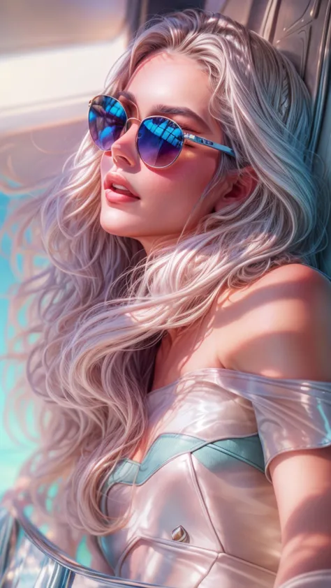 a beautiful young female model wearing sunglasses, photoshoot for a magazine, cute pose, full body, summer sunshine, silver hair...
