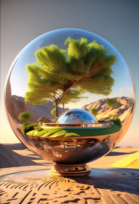Image of wooden arabic numerals in a glass ball against a desert landscape, Tree of life in a ball, Surreal digital art, Surreal...