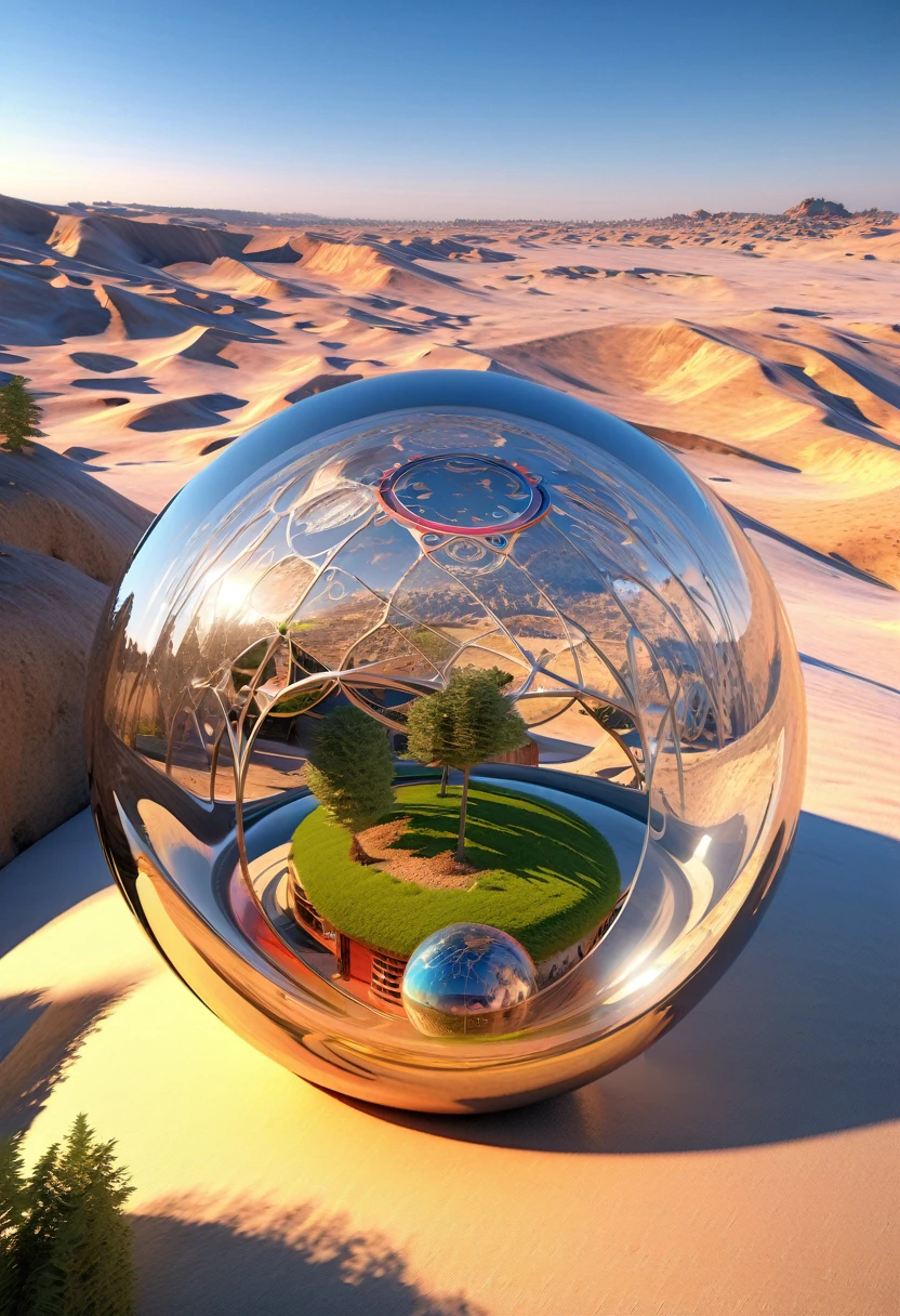 砂漠の風景を背景にしたガラス玉の中の木製のアラビア数字の画像, 球体の中に生命の木, シュールなデジタルアート, シュルレアリスム 8k, シュールなデジタルアート, シュールアート, シュールな 3D レンダリング, 3Dレンダリングデジタルアート, マーク・アダムス, シュールなコンセプトアート, 3Dレンダリングビープル, 様式化されたデジタルアート, 4K シュルレアリスム