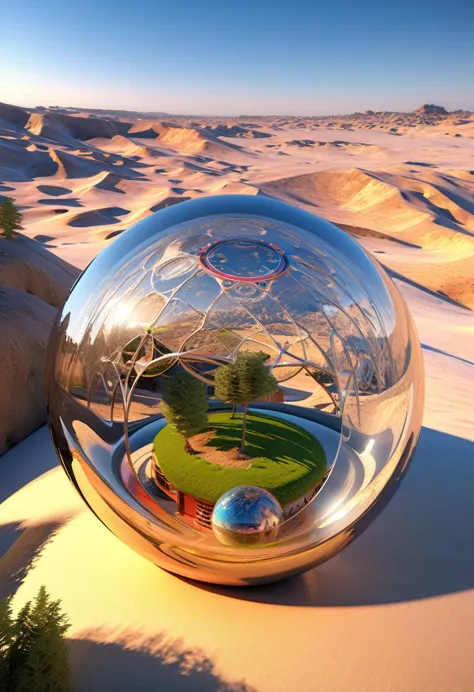 Image of wooden arabic numerals in a glass ball against a desert landscape, Tree of life in a ball, Surreal digital art, Surreal...