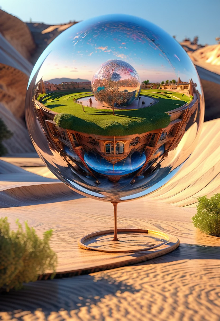 Imagem de algarismos arábicos de madeira em uma bola de vidro contra uma paisagem desértica, Árvore da vida em uma bola, arte digital surreal, surrealismo 8k, arte digital surreal, arte surreal, Renderização surreal em 3D, Arte Digital de Renderização 3D, Marcos Adams, arte conceitual surreal, Beeple de renderização 3D, arte digital estilizada, Surrealismo 4K