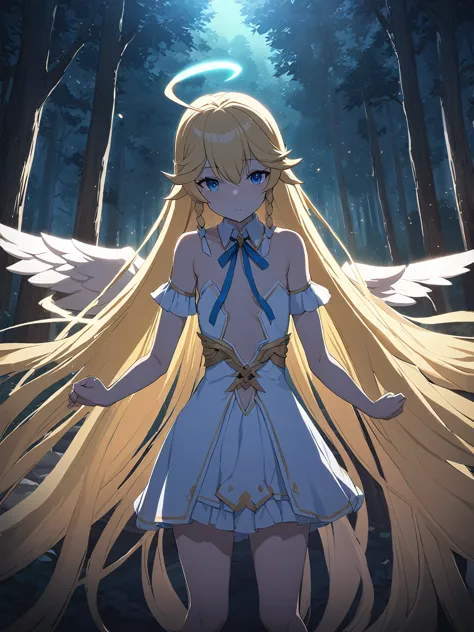 Zaora, blue eyes, (Variegated eyes:0.5), Blonde, Very long hair, Twin Blade, bangs, Ahoge, Hello, Angel, Flat Chest, White Dress...