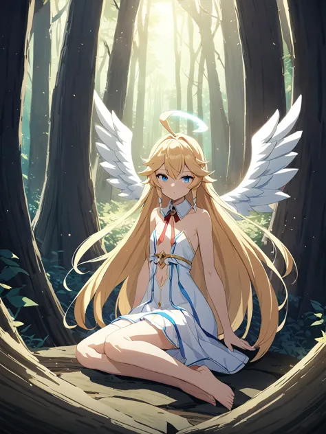 Zaora, blue eyes, (Variegated eyes:0.5), Blonde, Very long hair, Twin Blade, bangs, Ahoge, Hello, Angel, Flat Chest, White Dress...