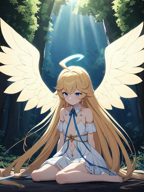 zaora, blue eyes, (variegated eyes:0.5), blonde, very long hair, twin blade, bangs, ahoge, hello, angel, flat chest, white dress...