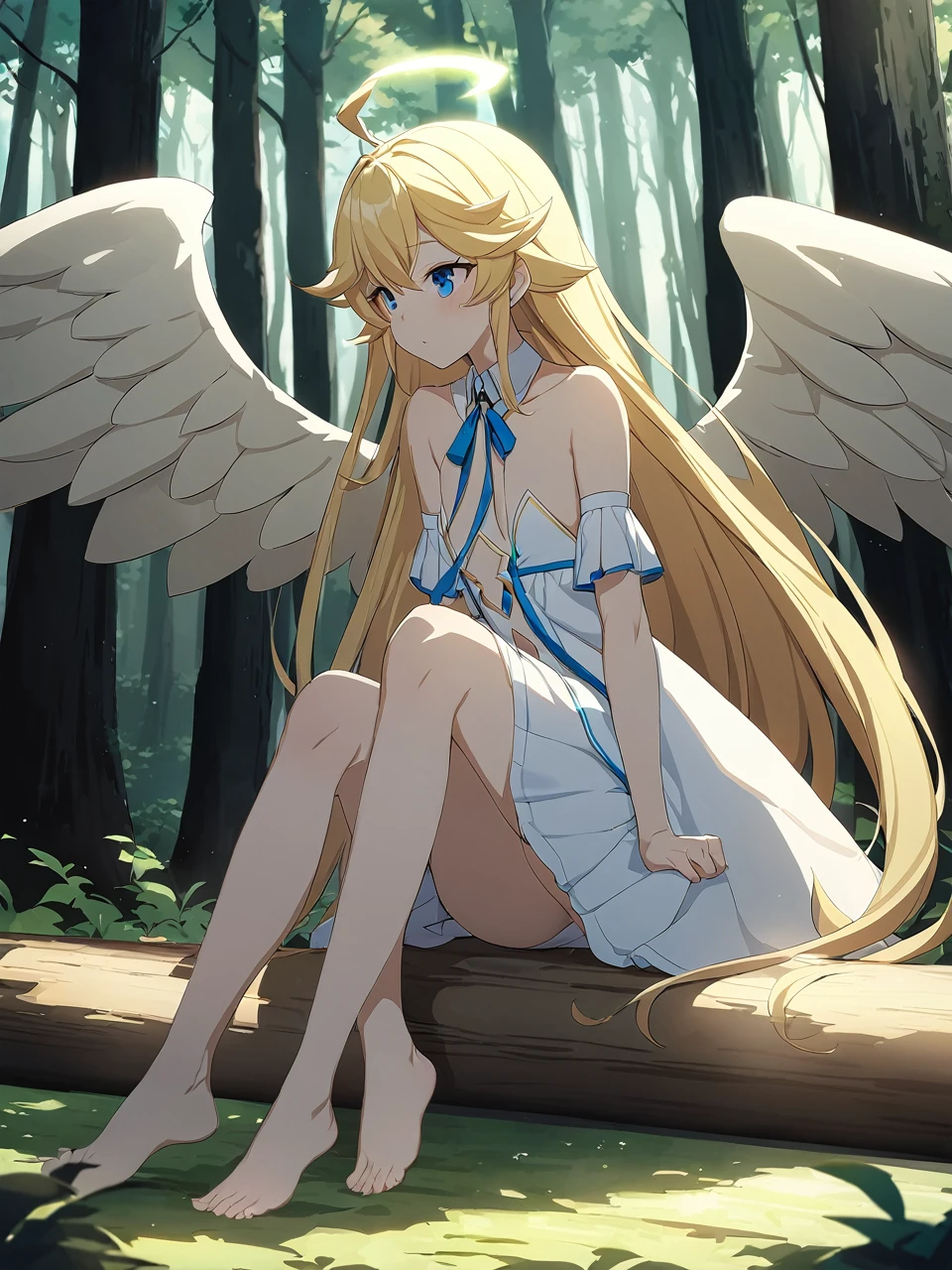 Zaora, blue eyes, (Variegated eyes:0.5), Blonde, Very long hair, Twin Blade, bangs, Ahoge, Hello, Angel, Flat Chest, White Dress, Belly button cutout, Detachable collar, Strapless, Neck ribbon, Bare shoulders, Angel wings, barefoot, One girl, Solo Break Space, forest, Depth of written boundary, Cinematic, masterpiece, Highest quality, Game CG