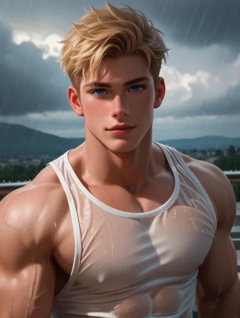 8k,score_9,score_8_up,score_7_up, yaoi, 1boys,gay, detailed, very short hair, blonde hair, freckles, blue eyes, freckles, freckl...