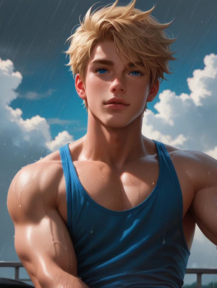 8k,score_9,score_8_up,score_7_up, yaoi, 1boys,gay, detailed, very short hair, blonde hair, freckles, blue eyes, freckles, freckles on body, muscle wide shoulders, muscle pecs, abs, vascular biceps and triceps,flanel shirt, cute, blondlust, boyish face, cute face,above perspective, looking at viewer, rain, cloudy sky, rain street
