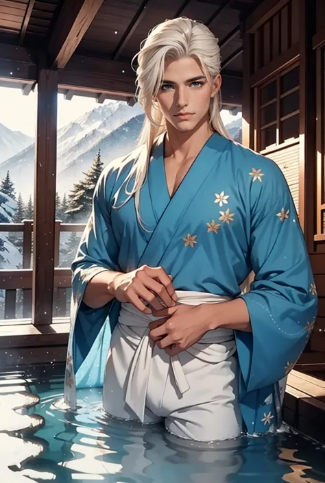 Onsen. mountains. Winter. A tall, handsome, handsome, masculine adult man is platinum blond, he has blue eyes, tanned skin, long...