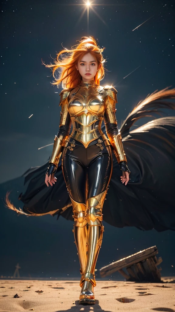 ((best quality)), ((masterpiece)), (ultra detailed lights), ((full body shot)), ((skinny body)), indonesian girl, extremely beautiful, ((slim body)), thighs gap, ultra face details, 20 years old, ((orange curvy-hair)), ((hair blown by strong winds :1.3)), Award-winning photograph, ((symmetrical pose)), teen goddess with (golden sword) in ((full body golden black steel-armor)) are in the middle of battlefield, posing in the middle, intricate details, ((thight golden armour)), ((extremely details armor)), ((tight latex pants)), ((24k-gold armor)), ((edge luminous armor)), cameltoe, luminescent, epic lights reflections, she is posing with ((Athena's golden bow)), at beach, full of stars, orange clouds, nebula sky, epic aurora borealis in the background, shooting stars, ((from below))