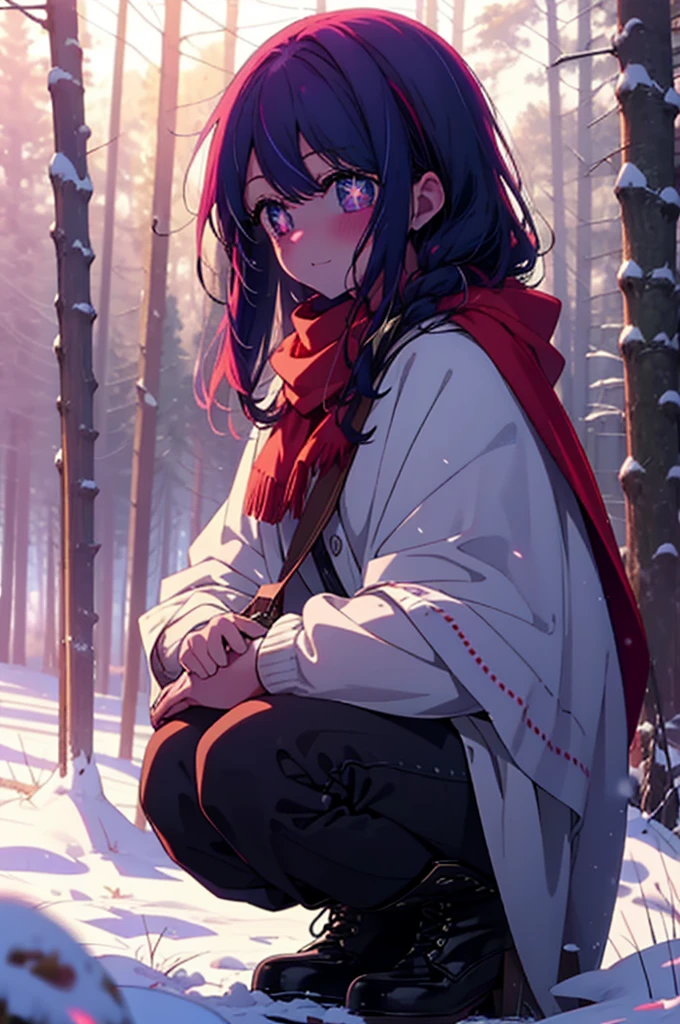 aihoshino, Ai Hoshino, Long Hair, bangs, (Purple eyes:1.1), Purple Hair, (Symbol-shaped pupil:1.5), smile,,smile,blush,White Breath,
Open your mouth,snow,Ground bonfire, Outdoor, boots, snowing, From the side, wood, suitcase, Cape, Blurred, , forest, White handbag, nature,  Squat, Mouth closed, Cape, winter, Written boundary depth, Black shoes, red Cape break looking at viewer, Upper Body, whole body, break Outdoor, forest, nature, break (masterpiece:1.2), Highest quality, High resolution, unity 8k wallpaper, (shape:0.8), (Beautiful and beautiful eyes:1.6), Highly detailed face, Perfect lighting, Highly detailed CG, (Perfect hands, Perfect Anatomy),