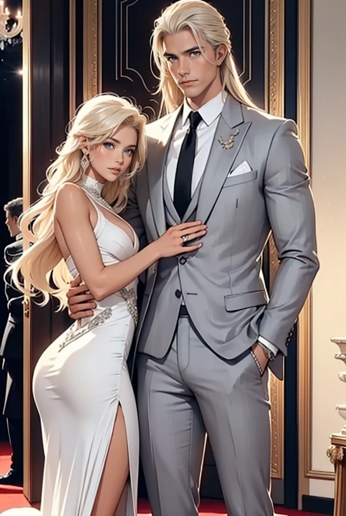 Du tout, beau, sculptural, courageux, l&#39;homme adulte est une blonde platine avec de longs cheveux platine, Il a les yeux bleus, peau bronzée, il est vêtu d&#39;un costume de marque coûteux, il embrasse une jeune femme fatale blonde incroyablement belle vêtue d&#39;une exquise robe Vera Wang. Icônes de style, célébrités, l&#39;élite. le tapis rouge.