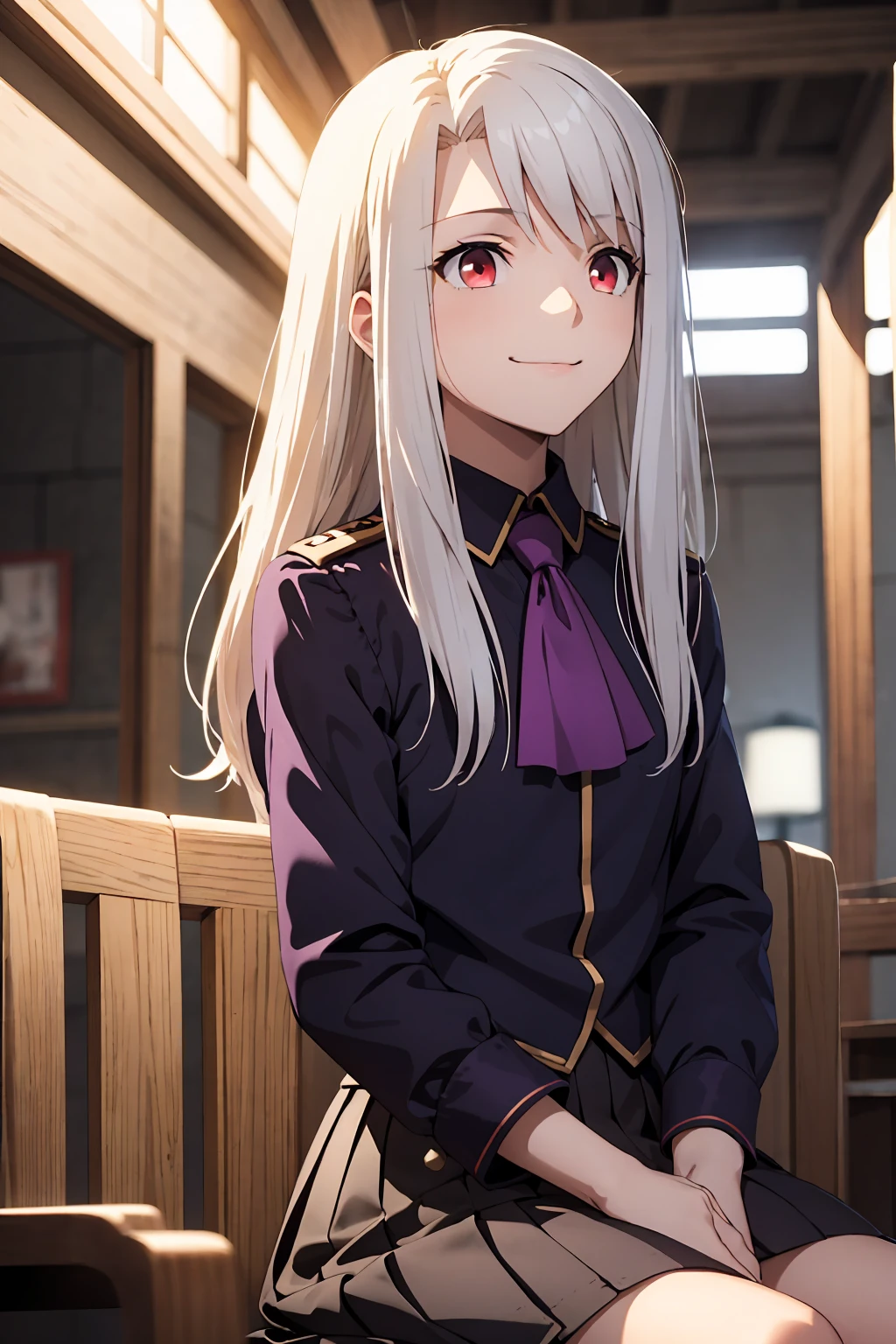 Highest quality, (masterpiece:1.2), Very detailed, destiny/Background of stay, indoor, Illyasviel von Einzbern, etc., One girl, alone, Sitting, Looking at the audience, Mouth closed, smile, Long Hair, Gray Hair, Red eyes, Purple Shirt, Ascot, White Skirt