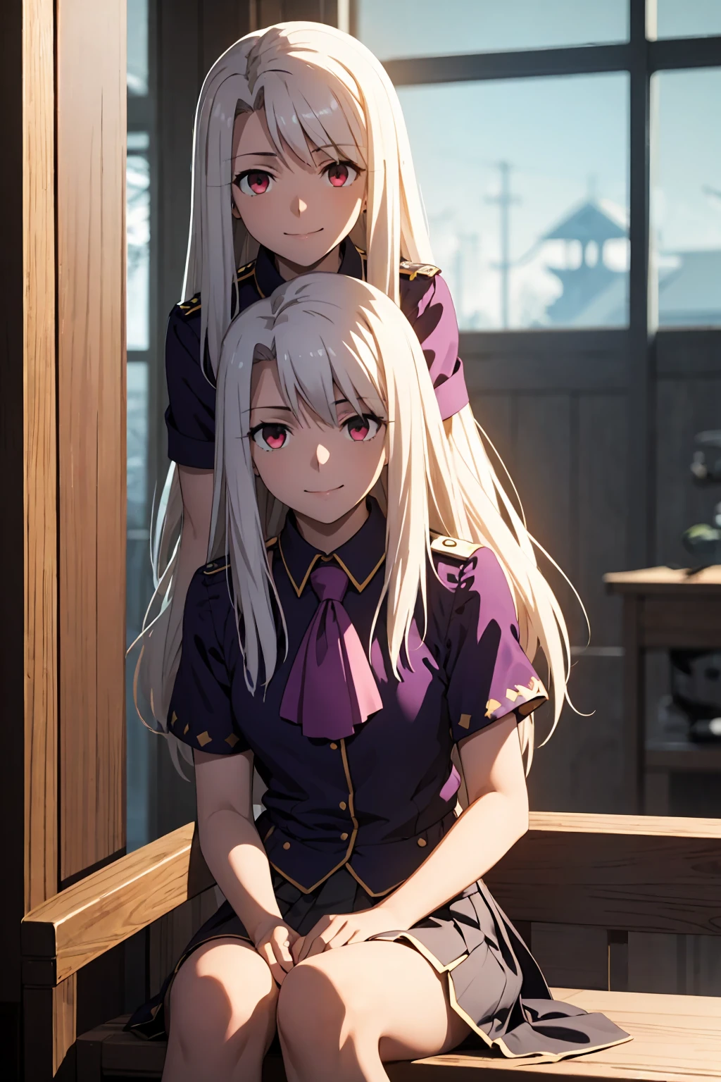 Highest quality, (masterpiece:1.2), Very detailed, destiny/Background of stay, indoor, Illyasviel von Einzbern, etc., One girl, alone, Sitting, Looking at the audience, Mouth closed, smile, Long Hair, Gray Hair, Red eyes, Purple Shirt, Ascot, White Skirt