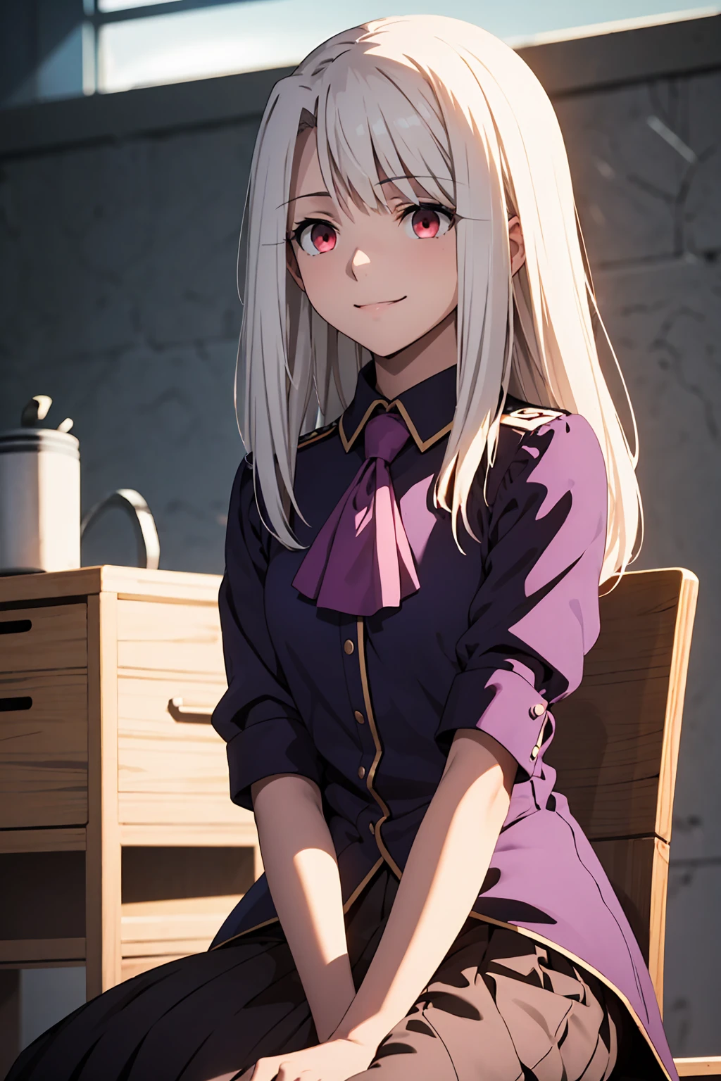 Highest quality, (masterpiece:1.2), Very detailed, destiny/Background of stay, indoor, Illyasviel von Einzbern, etc., One girl, alone, Sitting, Looking at the audience, Mouth closed, smile, Long Hair, Gray Hair, Red eyes, Purple Shirt, Ascot, White Skirt