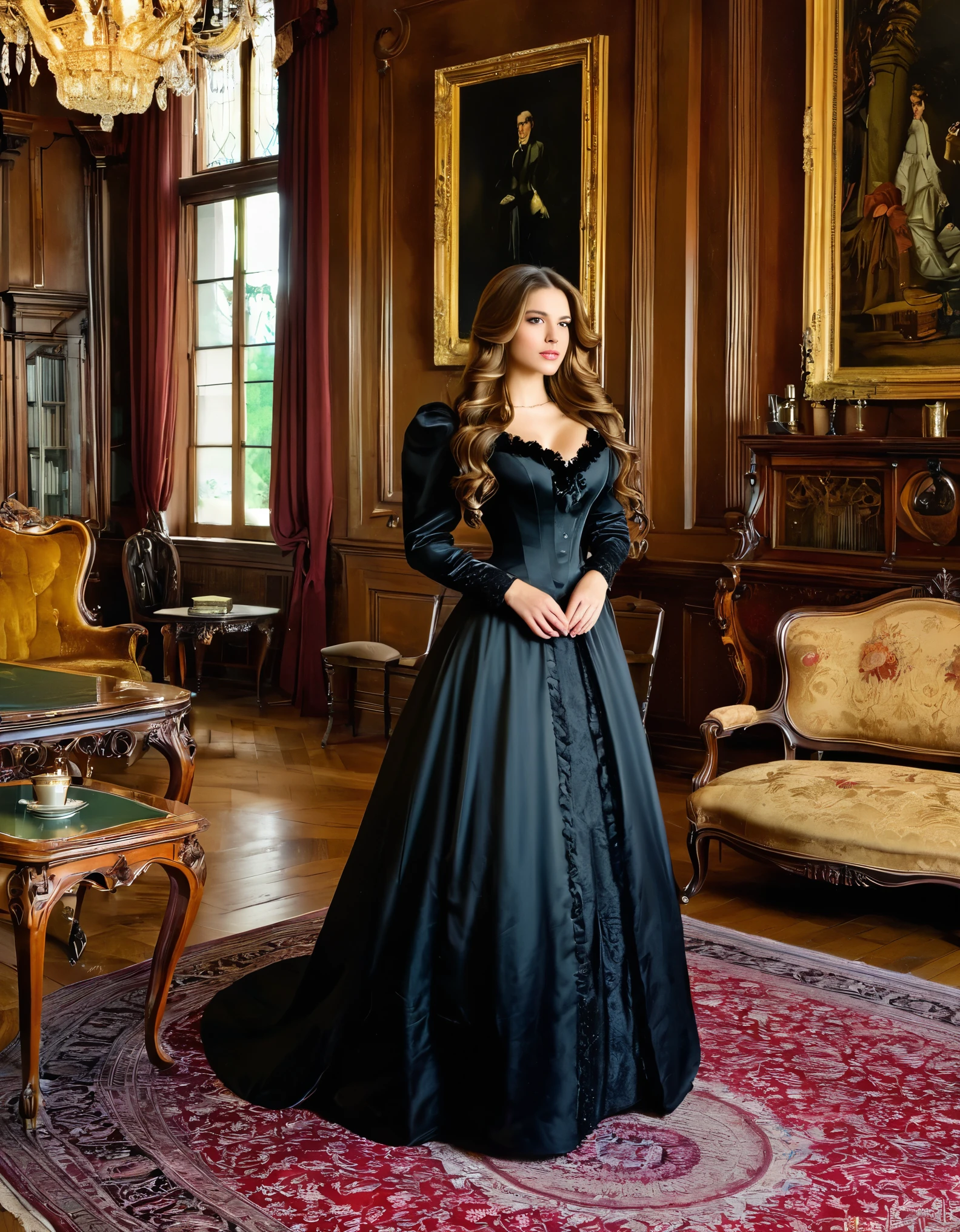 A woman with long brown hair, dressed in a black Victorian gown, standing in a historical mansion with antique furnishings.