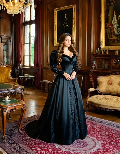 a woman with long brown hair, dressed in a black victorian gown, standing in a historical mansion with antique furnishings.