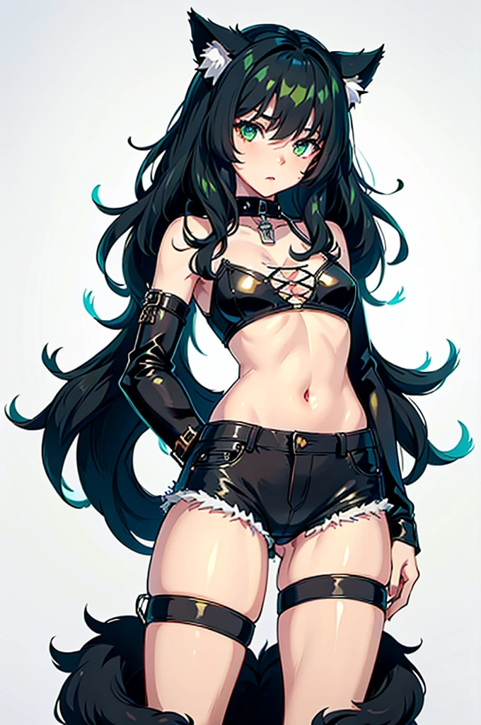 young kitten with green eyes, long black hair. black fur and skin, with white internal parts, in a sexy pose, wearing tight short jean shorts, and a black leather jacket, with a fluffy tail